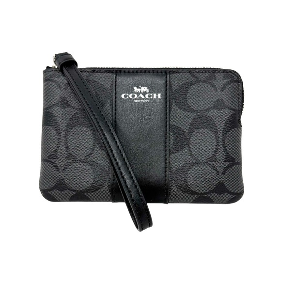 NEW‎ Coach Signature PVC Leather Corner Zip Wristlet F58035 Black Grey - Picture 1 of 8